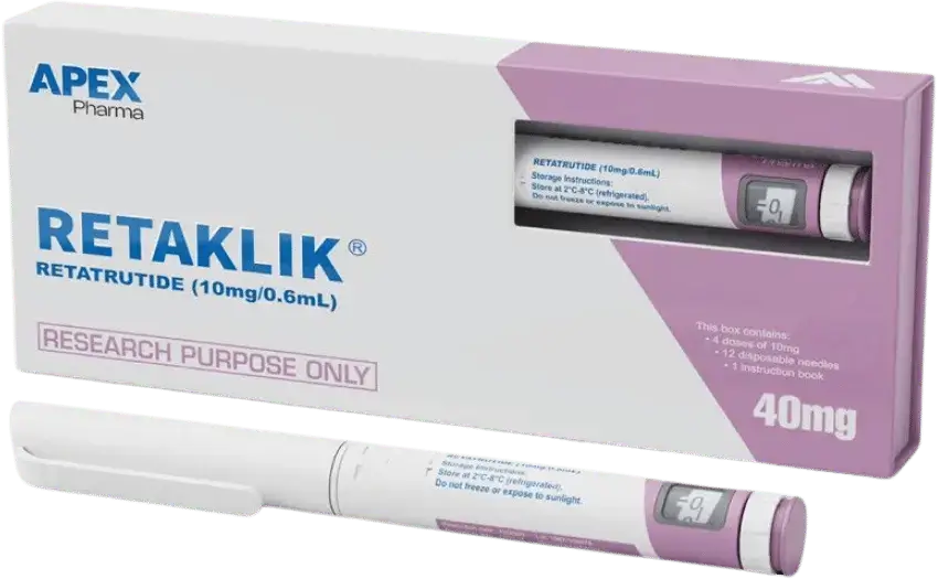 Apex Pharma Retatrutide 40 mg lyophilised research peptide vial and packaging